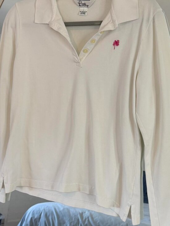 Lilly Pulitzer Tops - Lilly Pulitzer White Long Sleeve Polo Top – Hot Pink Palm Tree Embroidery – Size